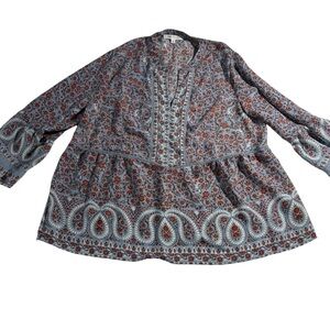Fever Blue Orange Paisley V Neck Balloon‎ Sleeve Tunic Women’s Size XL